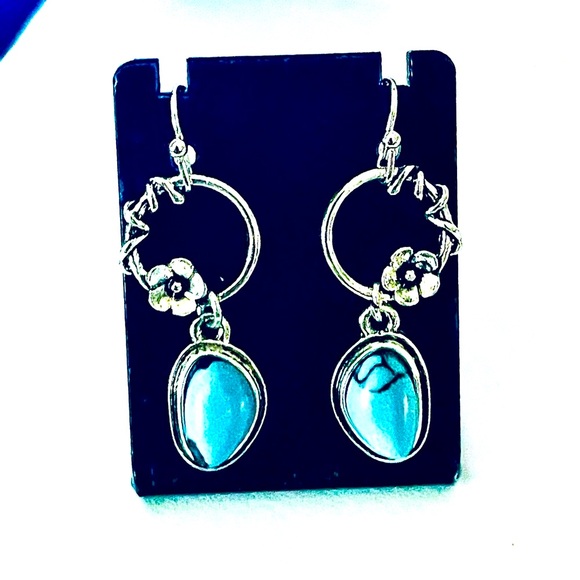 New Handmade Sterling Silver Natural Turquoise Floral Daisy Vine Wrap Earrings - Picture 3 of 11
